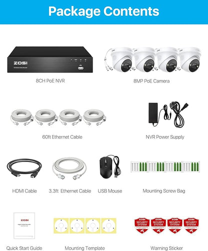 ZOSI 4K POE CCTV Security Camera System,8pcs 4K POE Camera with AI Person Vehicle Detection, 8 Ports 16CH 8MP NVR with 2TB HDD for 24/7 Recording,Color Night Vision, Sound Light Alarm, Two-Way Audio