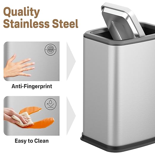 2.1 Gal Slim Bathroom Trash Can with Swing Lid, Rustproof Stainless Steel Small Garbage Can for Narrow Spaces & Toilet Side, Dog Proof Odor Control Waste Basket for Bedroom/Office, Silver
