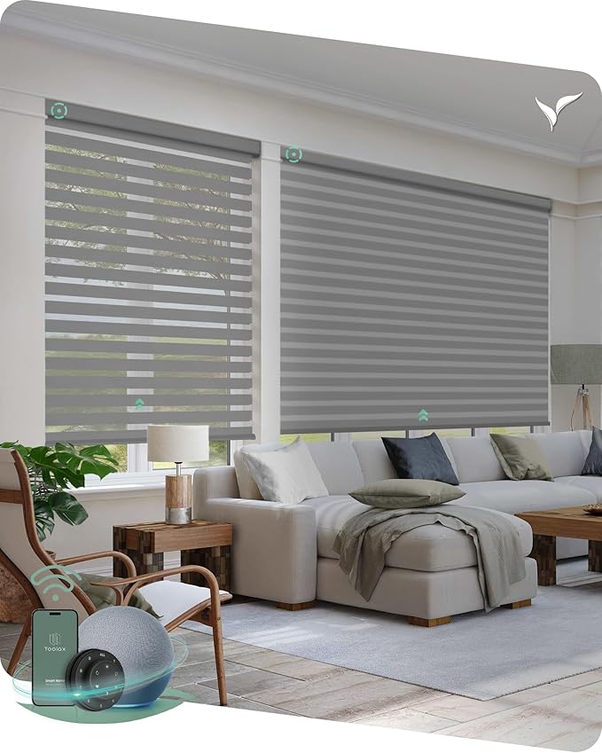 Yoolax Motorized Blinds with Remote, Motorized Zebra Shades Compatible with Alexa, Privacy Motorized Blinds, Zebra Shades for Windows Custom Size(V-Haze Narrow Silver)
