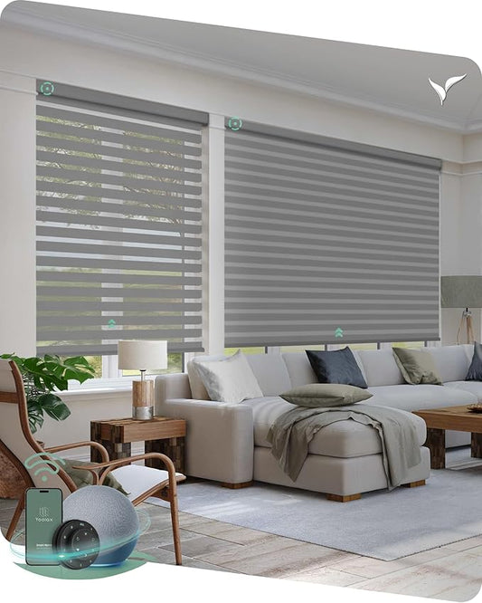 Yoolax Motorized Blinds with Remote, Motorized Zebra Shades Compatible with Alexa, Privacy Motorized Blinds, Zebra Shades for Windows Custom Size(V-Haze Narrow Silver)
