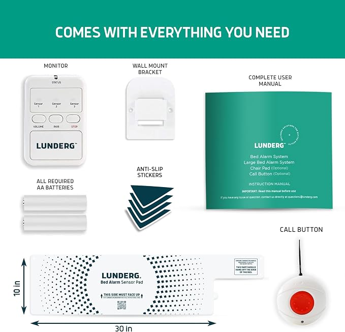 Lunderg Bed Alarm System with Call Button, Wireless Bed Sensor Pad (10" x 30") & Pager - Bed Alarms and Fall Prevention for Elderly