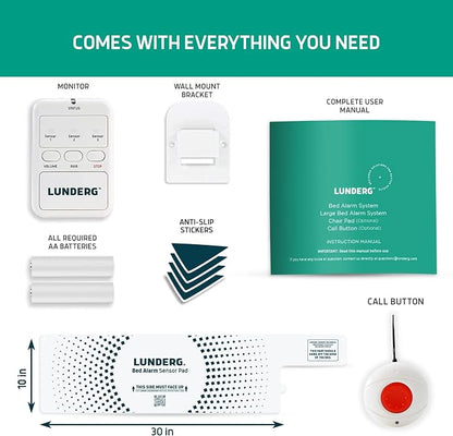 Lunderg Bed Alarm System with Call Button, Wireless Bed Sensor Pad (10" x 30") & Pager - Bed Alarms and Fall Prevention for Elderly