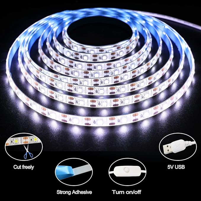 5V USB LED Strip Lights, White 6000K 9.84ft SMD 2835 IP65 Waterproof 180 LEDs Plug and Play Rope Light Strips with Switch for Bedroom, Kitchen Decoration