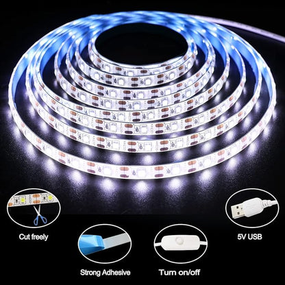 5V USB LED Strip Lights, White 6000K 9.84ft SMD 2835 IP65 Waterproof 180 LEDs Plug and Play Rope Light Strips with Switch for Bedroom, Kitchen Decoration