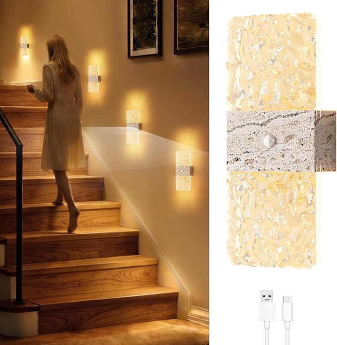 Motion Sensor Light Indoor, 2600 mAh Rechargeable Battery Operated Wall Sconce, 0-80LM Dimmable, 3 Colors, Always-On and Dusk to Dawn Motion Mode, Wireless Led Night Light, Marble Color