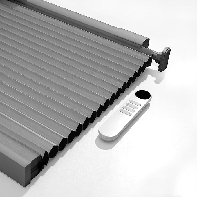 Boolegon No Drill Motorized Cellular Blinds with Remote Motorized Blackout Honeycomb Blinds for Indoor Windows Easy to Install Automatic Cellular Shades for Home,Blackout Light Gray,Custom Size