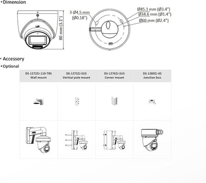DS-2CE76K0T-LMFS 3K Smart Hybrid Light Turbo HD TVI Camera, Analog BNC coaxial, 4 in 1 (TVI/AHD/CVI/CVBS), IP67 Rated Weatherproof, 2.8mm Wide Angle Lens, Built-in Mic, Only Work with 8MP 4K DVR