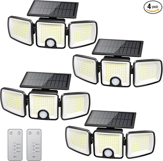 Brightown 4 Pack Solar Outdoor Lights with Motion Sensor, 223 LED 3 Head 270° Wide Angle Street Area Security Lights with Remote, IP65 Waterproof Flood Wall Lights with 3 Modes for Yard Outside