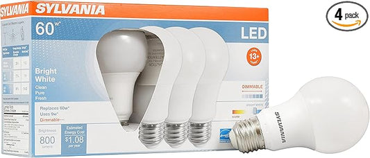 Sylvania Ultra LED Light Bulb, 60W Equivalent A19, Efficient 9W, Medium Base, Dimmable, Frosted Finish, 800 Lumens, Bright White - 4 Pack (78038)