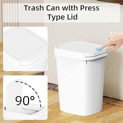 KSSKSS 3 Pack Bathroom Small Trash Can with Lid, 2.6 Gallon Slim Garbage Bin with Pop-Up Lid, 10L Plastic Wastebasket for Bedroom, Office, Kitchen, Toilet (White)