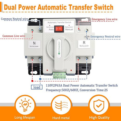 Ketofa 2P 63A 110V Automatic Transfer Switch, Dual Power ATS, White