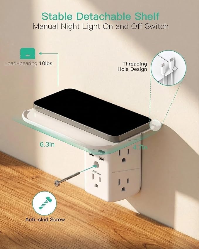 PD20W Wall Outlet Extender with Shelf & Night Light – 5 AC Outlets, 2 USB-A, 2 USB-C, 3-Sided Wide-Space Design, Surge Protector, Multi-Plug Outlet Splitter – Ideal for Home Office, College Dorm, RV