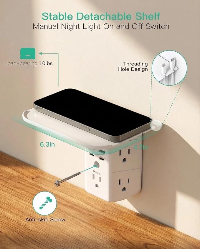 Mifaso PD20W Outlet Extender with Shelf & Night Light, Surge Protector | 5 AC Outlets, 3 USB-A, 1 USB-C, 3-Sided Wide-Space, Multi-Plug Outlet Splitter, 1800J, Ideal for Office, Dorm, RV, Travel