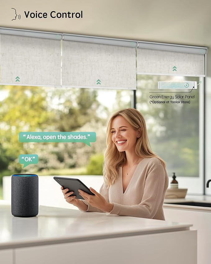 Yoolax Motorized Blinds with Remote, 100% Blackout Smart Roller Shades Work with Alexa, Google, Apple Homekit, Custom Automatic Shades with Voice Control for Bedroom Office (Linen Beige)
