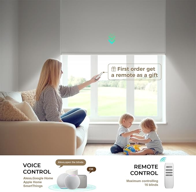 HeyBlinds Motorized Blinds with Remote, 100% Blackout Smart Blinds, Automatic Shades for Windows Compatible with Alexa Google and Homekit, Custom Size(Simply-Soft White BO)