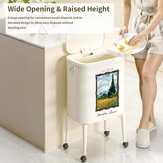 MRBIN Metal Kitchen Trash Can with Wheel Legs, 36L / 9.5gal Medium Press Lid Slim Removable Waste Basket, Pet Proof Tall Narrow Garbage Pail for Vanity, Bedroom, Bathroom, Living Room, Wheatfield