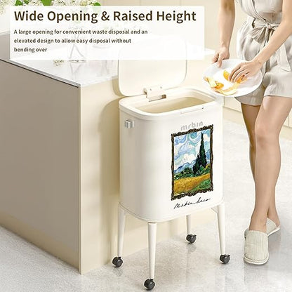 MRBIN Metal Kitchen Trash Can with Wheel Legs, 36L / 9.5gal Medium Press Lid Slim Removable Waste Basket, Pet Proof Tall Narrow Garbage Pail for Vanity, Bedroom, Bathroom, Living Room, Wheatfield