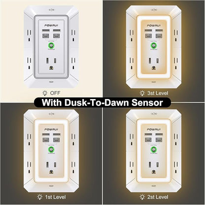 3-Sided Outlet Extender with Night Light - POWRUI Multi Plug Outlet with 5 Outlets and 4 USB Ports(2 USB-C), USB Wall Charger for Home, Office, Travel, ETL Listed, White