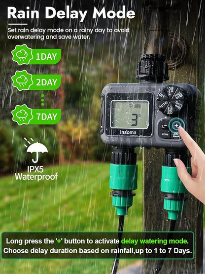 Insoma 2 Zone Water Timer, Programmable Irrigation Sprinkler Timer for Garden Hose, Outdoor Hose Faucet Timers with Rain Delay/Manual/Auto Modes, IPX5 Waterproof for Drip System & Lawn