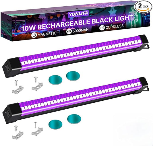YQNLIFA 5000mAh Rechargeable Black Light Bar, Battery Powered Black Lights for Glow Party, Cordless Blacklight Strip for Halloween Decorations, Fluorescent Poster, Body Paint, Uranium Glass, 2 Pack