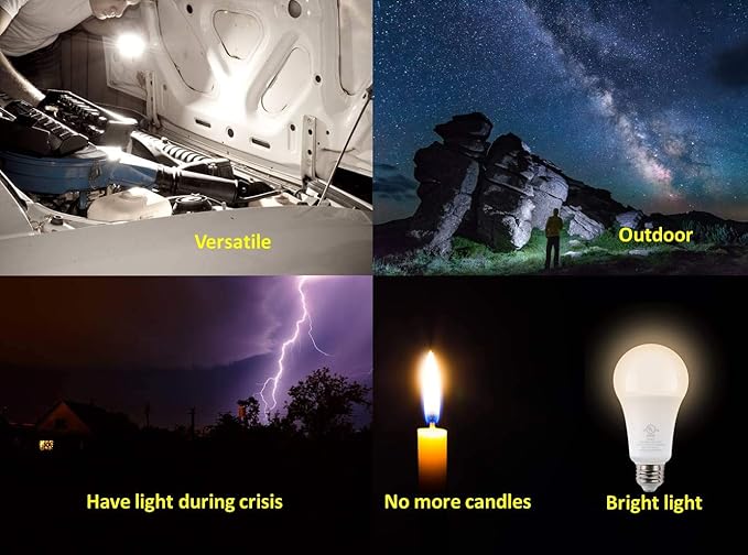 5W Rechargeable Emergency LED Light Bulbs with Back Up Battery for Power Outage, Camping, Hurricane, Disaster Planning, 40W Equivalent, UL Certified (3000K Soft White, 2-Pack)