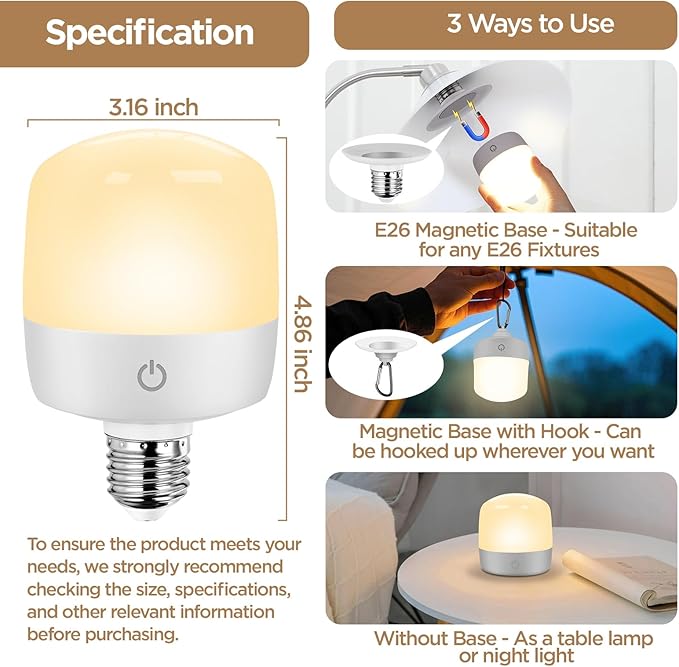 Rechargeable Battery Operated Light Bulb, Dimmable LED Bulb with Remote & Detachable Base, 4000mAh E26 Battery Powered Light Bulb for Non-Hardwired Lamps with 15 Colors Selectable & 3 Timer, 4Pack