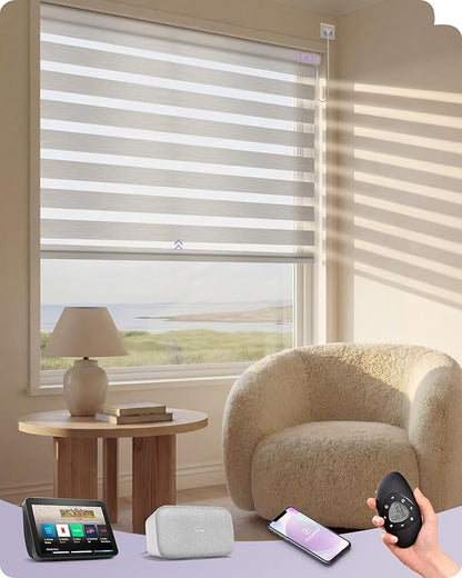 Graywind Motorized Zebra Blinds for Windows, Darkening Hardwired Smart Blinds with Remote Control, Dual Layer Custom Zebra Shades Work with Alexa, Google Home, Apple Homekit, Linen Vanilla