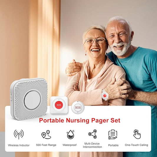 XUK Wireless Caregiver Pager Smart Call System for Elderly Monitoring SOS Alert System Portable Alarm with 1 SOS Call Panic Buttons & 1 Watch Pagers & 1 Square Pull Cord Pagers, 500+Feet 1 Receivers
