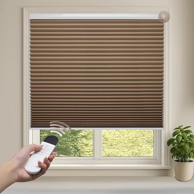 Godark Motorized Blackout Cellular Shades Compatible with Alexa/Google Home Electric Blinds Smart Honeycomb Shades for Windows Automatic Blinds with Remote Custom Size-Brown