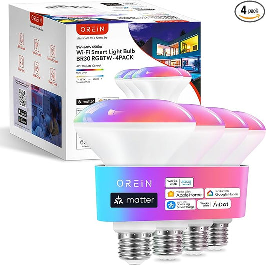 OREiN Matter Smart Light Bulb, BR30 Smart Bulbs, 60W E26 Base RGBTW Color Changing Bulbs 2.4Ghz WiFi Only, 650LM Led Bulb Compatible with Alexa, Apple Home, Google Home, SmartThings, 4 Pack