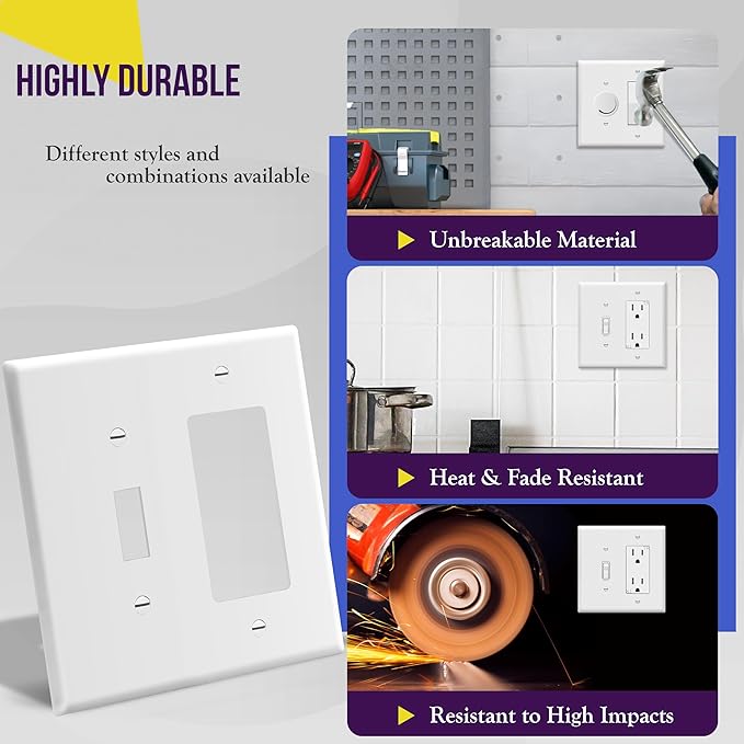 ENERLITES Combination Toggle Light Switch/Decorator Switch Wall Plate, Mid-Size 2-Gang 4.88" x 4.92", Polycarbonate Thermoplastic, 881131M-W, White