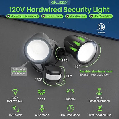 ALUSSO Motion Sensor Outdoor Lights Metal Heads, 30W 3600LM Flood Lights Outdoor 120V, 3 Modes Dusk to Dawn/Auto/On Time, 3000K 4000K 6500K Adjustable, Hardwired Security Light ETL Listed, Black 1PC