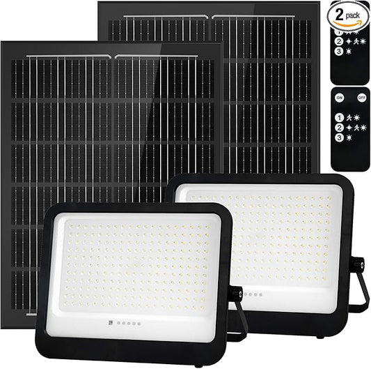 Leddictive 2 Pack LED Solar Lights Outdoor 7000K, 3500LM Solar Powered Flood Lights with 3 Modes, Dusk to Dawn Outdoor Lighting with Remote, IP65 Waterproof, 16.4 Ft Cable for Yard Garage Porch