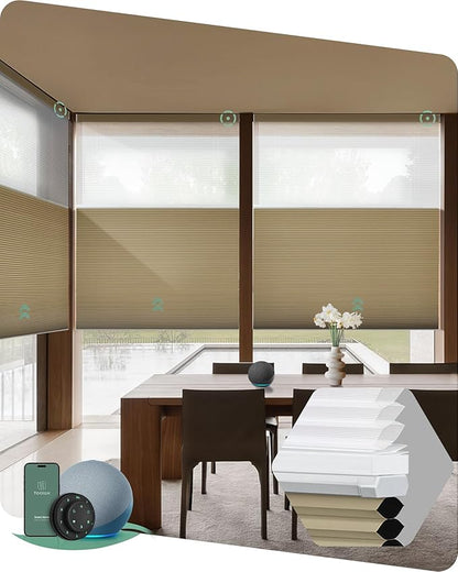 Yoolax Smart Motorized Day and Night Cellular Shades with Remote, Top Down Bottom Up Blinds Compatible with Alexa, Blackout and Light Filtering Honeycomb Blinds (Khaki)