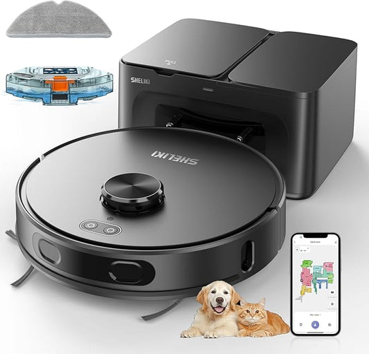 SHELIKI Robot Vacuum and Mop Combo, 70-Day Self-Emptying Robotic Vacuum Cleaner, Super Thin, Quiet, LiDAR Navigation, App & Voice Control, Perfect for Pet Hair, Carpets, Hard Floors, Gray