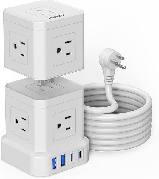 Power Strip with USB, TOPREK Power Strip Tower with 9 Outlets, 2 USB-C, 2 USB-A, Convertible Outlet Extender & Desk Charging Block, 6.5 FT Flat Plug Extension Cord for Home Office, Kitchen 1625W/13A
