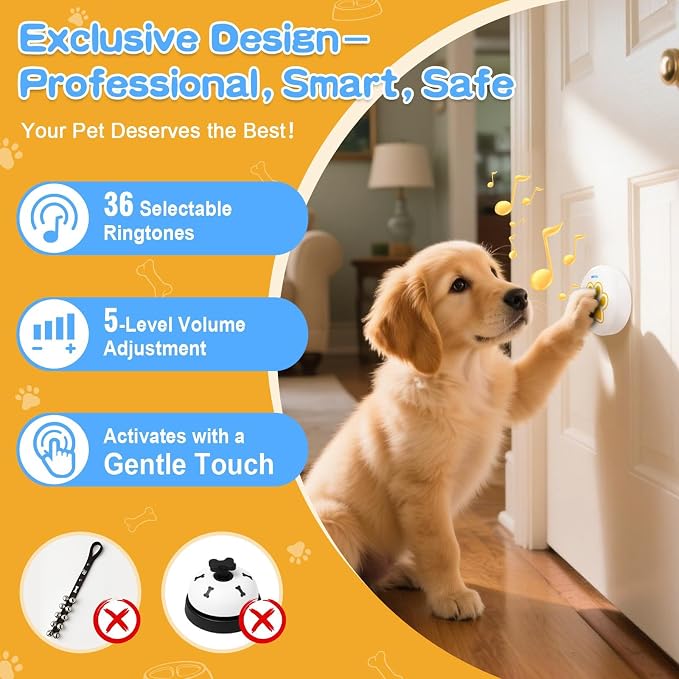 ChunHee Dog Bells to Go Outside - Bell for Dogs to Ring to Go Potty | Chew-Proof Dog Door Bell | 0-115dB Adjustable Volume & 36 Ringtones | Bells for Dog Training to Go Outside Without Barking