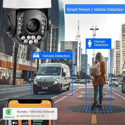 8MP 4K 25X optical 5.3-130mm Auto Tracking Outdoor PTZ Camera PoE IP wired Human Vehicle Detect Security Camera with 298ft IR,Floodlight color Night View,2-Way Audio alarm,Preset,NVR,Mobile App,360Pan