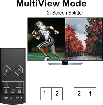 4K HDMI Multi Viewer 2 in 1 Out with Remote – Seamless Switching 2x1 Multi-viewer,2 HDMI Inputs (Devices) &1 Output (Display), Up to 4K @30Hz, 1080P for PS4,PC,DVD,Security Camera