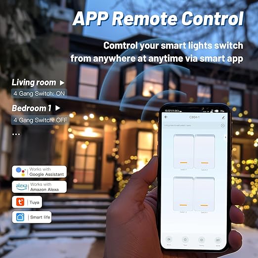 BSEED Smart Light Switch, 4 Gang WiFi Alexa Light Switch with Remote APP Control and Timing Function, Single Pole White Light Switches Work with Alexa, Google Assistant, Voice Control, Group Control