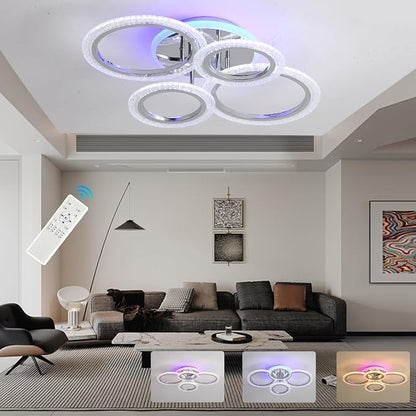 50W Dimmable LED Ceiling Light, Modern Flush Mount, Chrome 4-Ring | Remote Control, Adjustable 3000-6000K, Modern Lighting for Living Room, Bedroom, Kitchen & Hallway