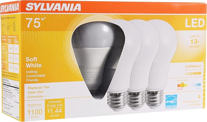 Sylvania A19 Ultra LED Light Bulb, 12W, 75W Equivalent, 13 Year, Dimmable, 1100 Lumens, 2700K, Soft White - 4 Pack (74425)