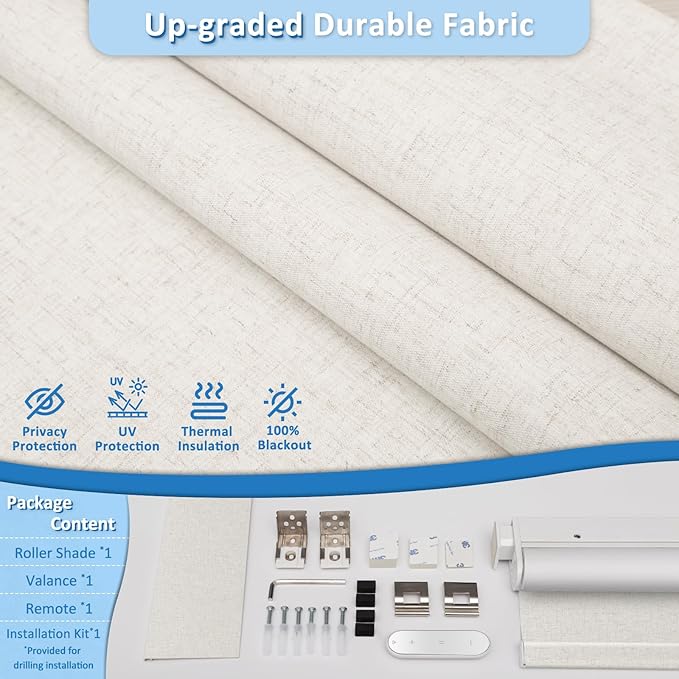 Smart Motorized Blinds with Remote, Cordless No-Drill Automatic Roller Shades, Blackout Electric Blind for Windows, Linen Stone, 34.5 x 64