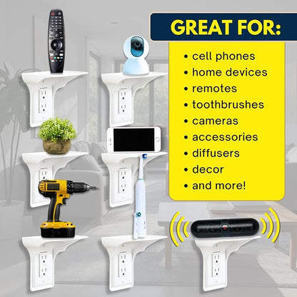 Power Perch Outlet Shelf Organizer for Alexa Echo Dot, HomePod Mini Speakers, Phone - Wall Outlet Holder with Cord Storage Strap - Socket Shelf Bathroom Kitchen Counter Charging Station - White 2 Pack