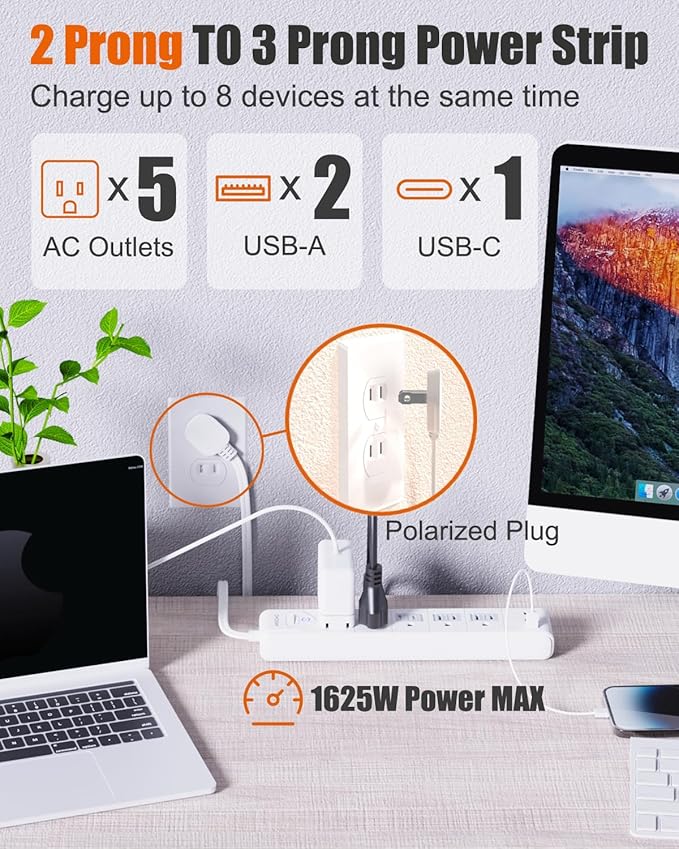 2 Prong to 3 Prong Outlet Adapter, WRXDMC 2 Prong Power Strip, 10ft Long Extension Cord with Polarized Plug, 1680J Surge Protector, 5 AC Outlets & 3 USB, Wall Mountable, Ideal for Non-Grounded Outlets