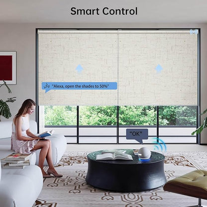 Motorized Coupled Shades, Blackout Smart Blinds for Large Windows Automatic Blinds Compatible with Alexa, Motorized Roller Shades Customized for Bedroom Home Office(Blackout-Line White)