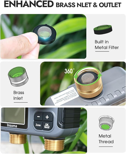 Insoma 2-Zone Sprinkler Timer with Brass Inlet & Outlet, Water Timer for Garden Hose with Auto/Manual/Rain Delay Mode, Big LCD Display, Easy Setup Hose Timers for Lawn, Garden, Vacation Watering