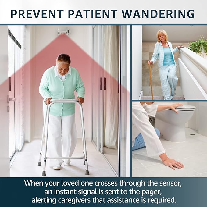 Bed Alarm Caregiver Pager with Wireless Motion Sensor Alarm Indoor Fall Prevention for Elderly Monitoring Seniors Dementia Patients Seniors Home Door Chime