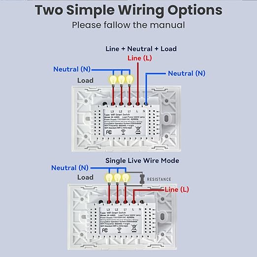 Smart Switch 118X72X34MM Neutral/No Neutral Wire Required, 2.4GHz Wi-Fi,Compatible with Alexa and Google Home 220V, White 3 Gang 1 Pack