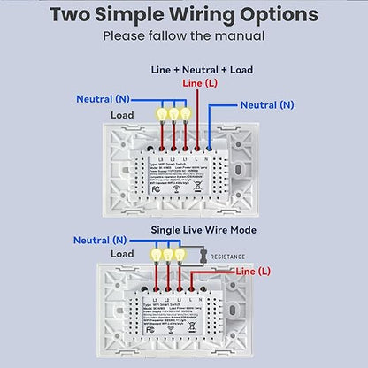 Smart Switch 118X72X34MM Neutral/No Neutral Wire Required, 2.4GHz Wi-Fi,Compatible with Alexa and Google Home 220V, White 3 Gang 1 Pack